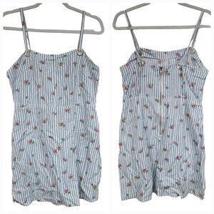 TOPSHOP Linen Blue Striped Floral Pinafore Shift Dress Sleeveless Mini Sundress